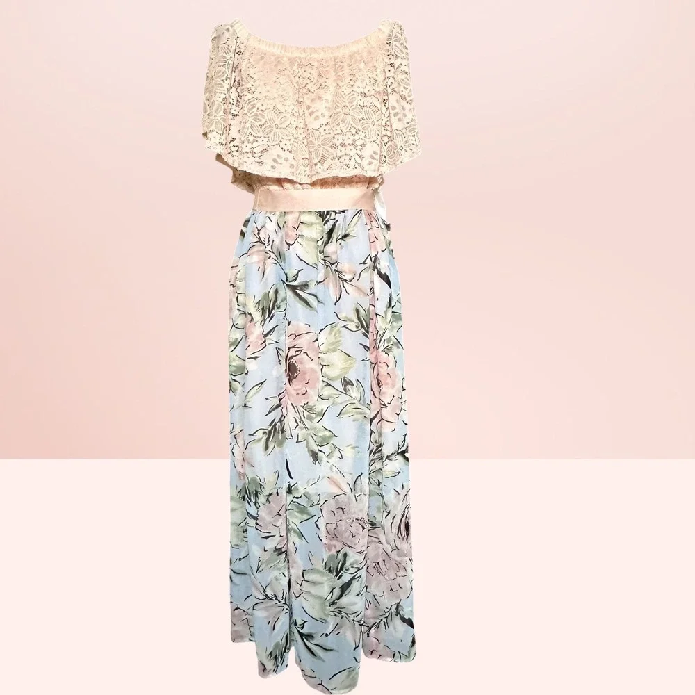 Ellen Weaver Floral Lace Off-Shoulder Maxi Dress Blue Blush Romantic Small NEW